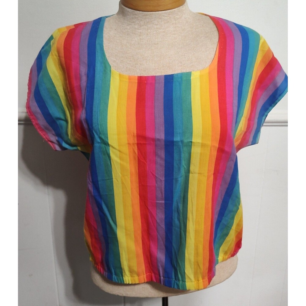 Vintage Rainbow Striped Crop Top Handmade 70s Single Stitch Pride Festival M/L
